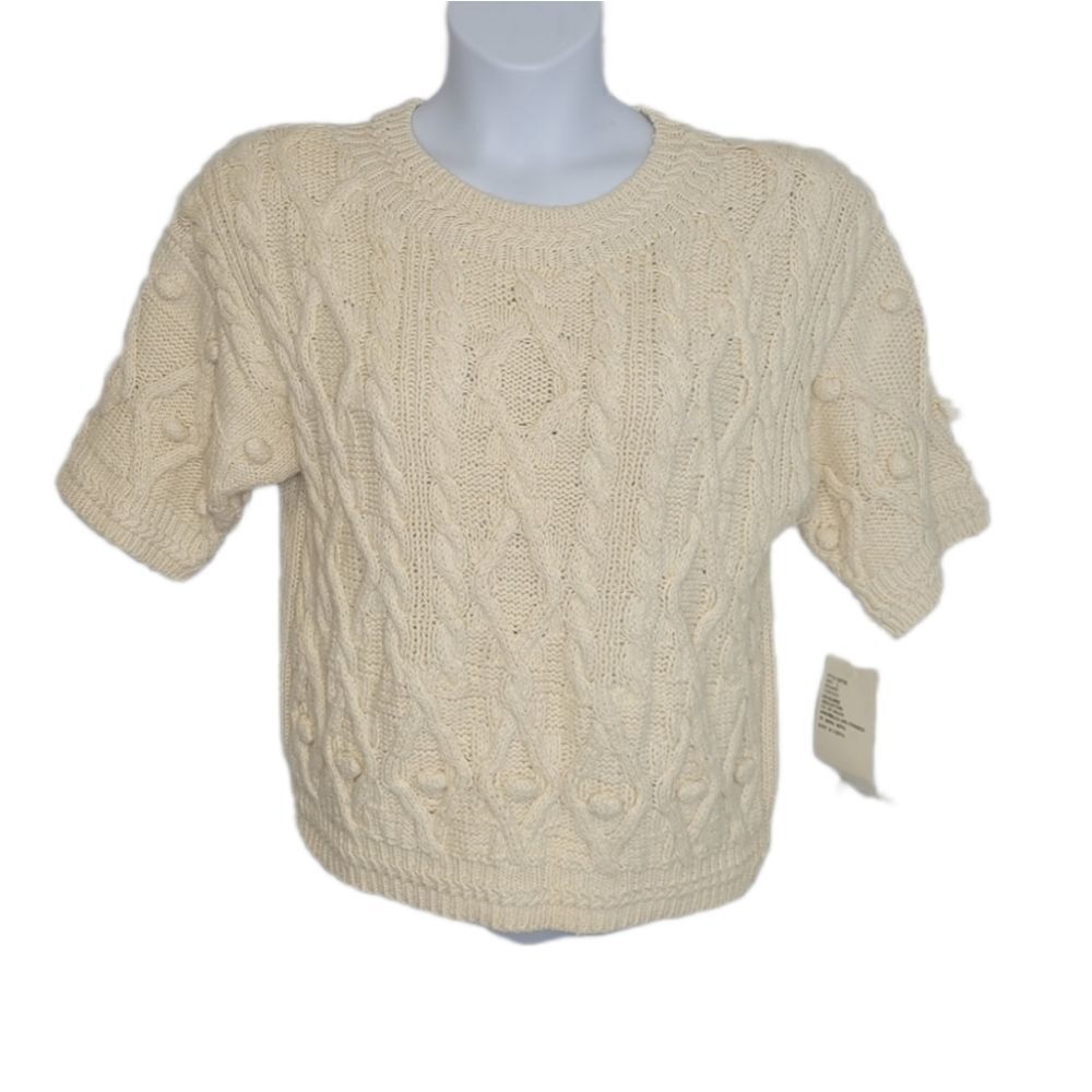NEW VINTAGE 80s sweater DVF ivory cream short sleeve cable knit pompom M‎